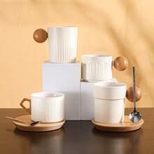 Minimalist Ceramic Coffee Mug With Wooden Handle, White Creative Design, Elegant & Refined Gift With Spoon - Multicolor - View 1
