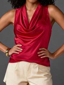 Women Satin Halter Tank Tops Fitted Solid Color Cowl Neck Sleeveless Shirts  Summer Streetwear - Đỏ - Xem 1