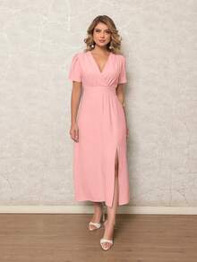 ONLYONE - Elegant Women's Midi Dress With V-Neck Wrap Detail And Side Slit - Women's Party Dresses - 淺粉色 - 查看 4