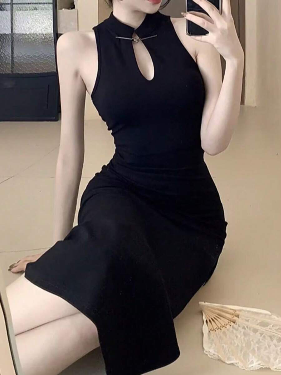 Đầm midi ôm sát cổ khoét hình giọt nước kiểu Trung Quốc mới dành cho nữ, đầm maxi không tay cổ đứng ôm dáng, thích hợp cho tiệc tùng, màu đen. - màu đen - Xem 1