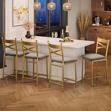 Juego de 4 taburetes de bar modernos con respaldo y patas de metal, asiento con cojín, taburete de isla, juego de taburetes de cocina con altura de mostrador, sillas de comedor, taburetes de bar para comedor y cafetería. - Dorado - Ver 6