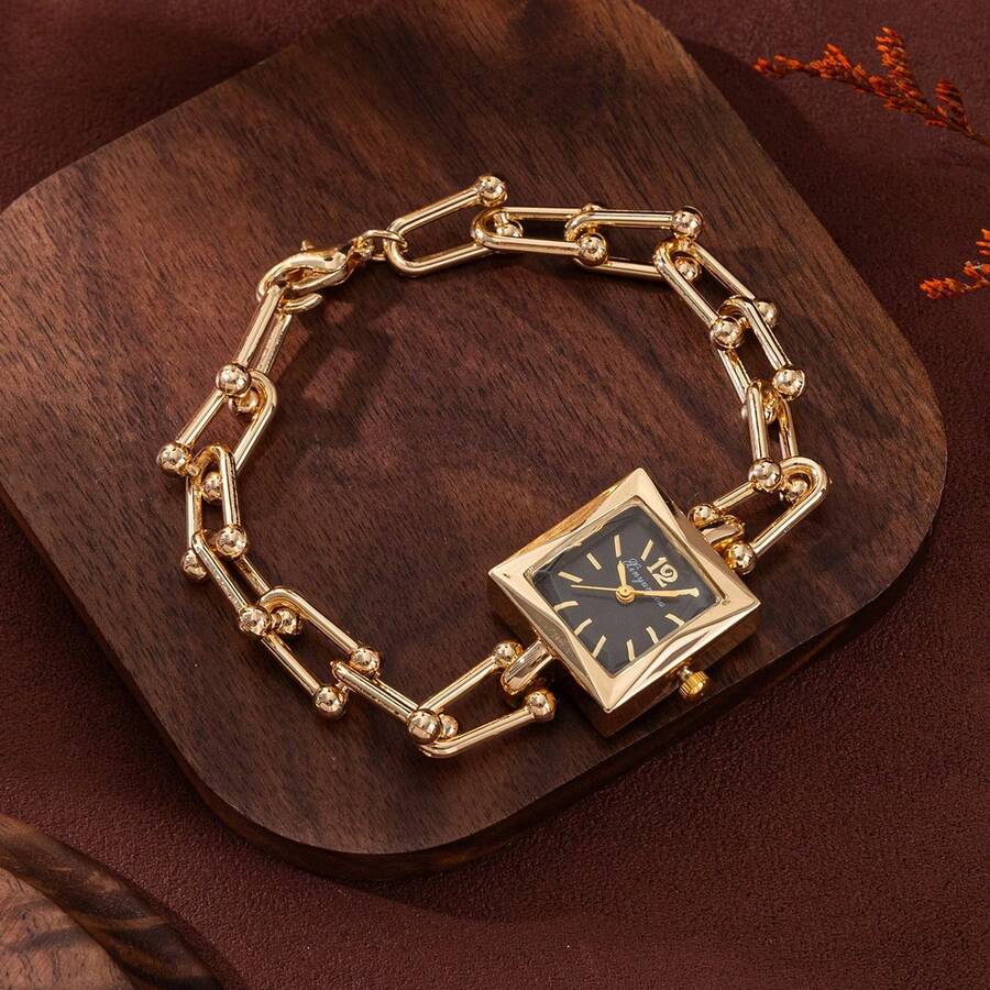 xinyunkou French Luxury Square Dial Bracelet Watch, Gold Chain One-Piece Quartz Watch For Women, High-End Accessory Watch - Gold - View 1