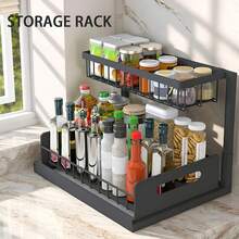 Wysuwany regał pod zlew, dwuwarstwowa przesuwna półka organizera, wielofunkcyjny regał do przechowywania w kuchni i łazience pod zlewem - Czarne - Zobacz 5