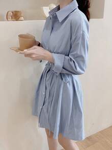 Vestido corto de mujer Vestido camisero de rayas para mujer, de largo medio, versátil y exclusivo, con cinturón y manga larga - Azul - Ver 5