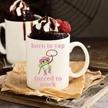 天生爱唠叨，被迫工作——趣味青蛙牛仔咖啡杯 - 粉白双色陶瓷杯，可爱牛仔青蛙图案，讽刺语录马克杯，11盎司新奇礼物，适合上班族/幽默爱好者，可放入洗碗机/微波炉，家用/办公桌茶具