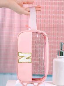 1PC Transparent PVC Toiletry Bag For Makeup Tools Letters Makeup Bag Water-Proof Portable Chenille Letter Zipper Make Up Organizer Minimalist Initial Letter Patch Travel Toiletry Bag For Women For Bathroom Monogram Wash Bag (Letter A~Z) Gift For Mom Beach Bag Beach Essentials Beach Towel Organizer Beach Accessories Beach Stuff Holiday Bag Holiday Essentials For Winter And Fall For Vacation Valentine's Day - Pink - Small - View 6