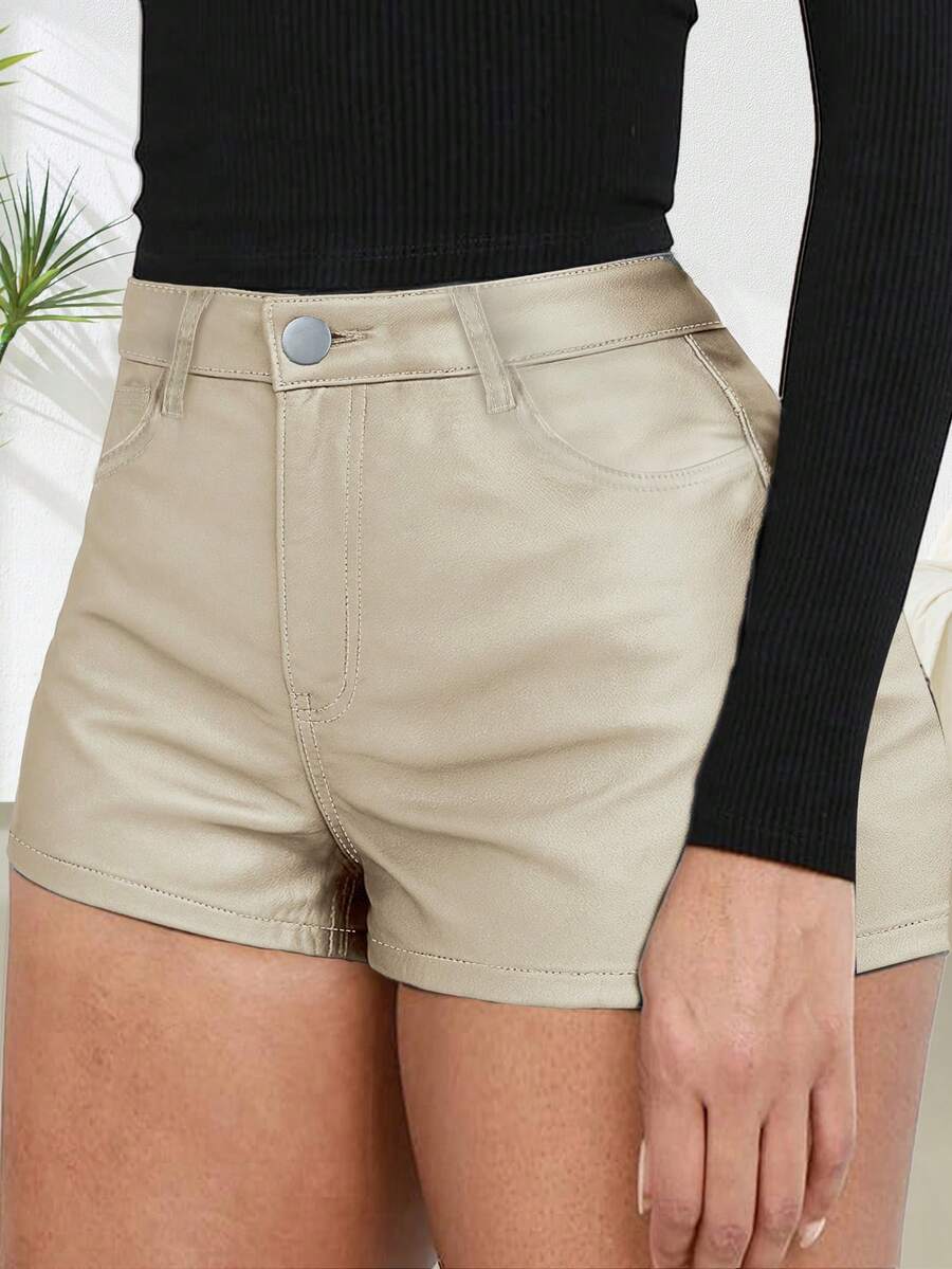 Solid Color Fashionable Slim-Fit Versatile Simple Design Baddie Glossy Mid-Waist Shorts - Light Khaki - View 1