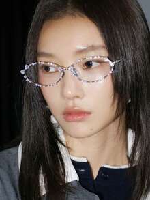 Rhinestone Oval Eyeglasses Frame, Niche High-End Non-Prescription Glasses, Metal Minimalist Style For Photography - Multicolor - View 2