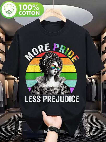 Camiseta LGBT Arcoíris Más Orgullo Menos Prejudicio - Camiseta de Algodón Retro de Cuello Redondo Casual y Cómoda para Hombres, Mujeres y Parejas - Perfecta para Verano, Primavera, Otoño y Uso Diario