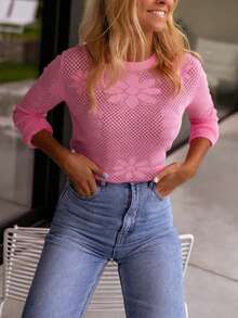 Women's Regular Fit Pullover Sweatshirt With Floral Mesh Overlay, Made Of Slightly Stretchy Polyester Fabric, Pink - Pink - View 1