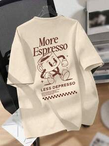 大码女式宽松圆领短袖T恤，印有浓缩咖啡俱乐部图案，休闲夏季风格 - 杏色 - 查看 2