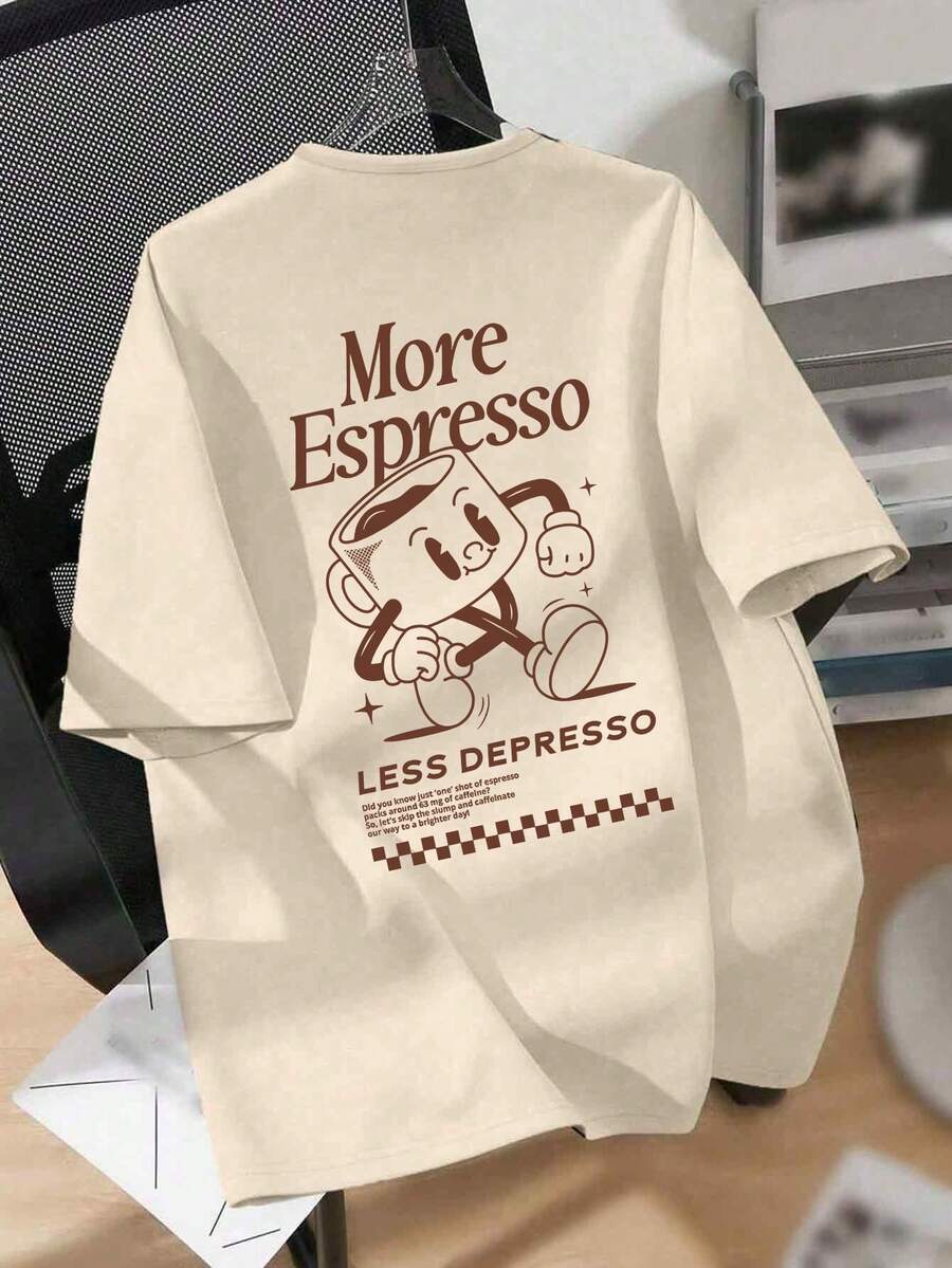 大码女式宽松圆领短袖T恤，印有浓缩咖啡俱乐部图案，休闲夏季风格 - 杏色 - 查看 1