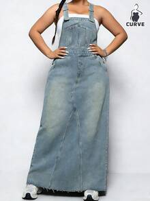 Women's Plus Size Denim Overall Dress Adjustable Shoulder Straps Frayed Hem Design Loose Fit Oversized Long Dress Casual Elegant Outfit Daily - 海藍色 - 查看 7