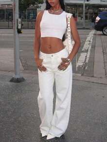 Women's Straight Leg Jeans, Classic Button Fly, Slant Pockets Design, Casual & Comfortable, Versatile For Daily Wear - White - View 3