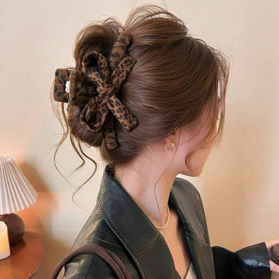 1Pcs Leopard Print Bow Grab Clip Female High-End Large Shark Clip 2025 New Autumn And Winter Back Head Plate Hairpin Hair Accessories - 豹紋 - 查看 1