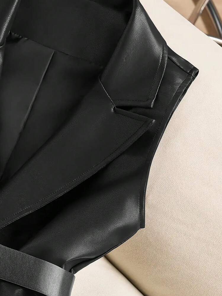 Chaleco de piel sintética sin mangas de unicolor minimalista con bolsillo y botón para mujer, para otoño/invierno (cinturón no incluido) Negro - Negro - Añade 5
