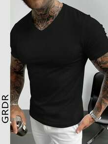GRDR Camicia a maniche corte scollo a V da uomo, adatta per uso casual all'aperto in estate - nero - Visualizzare 3