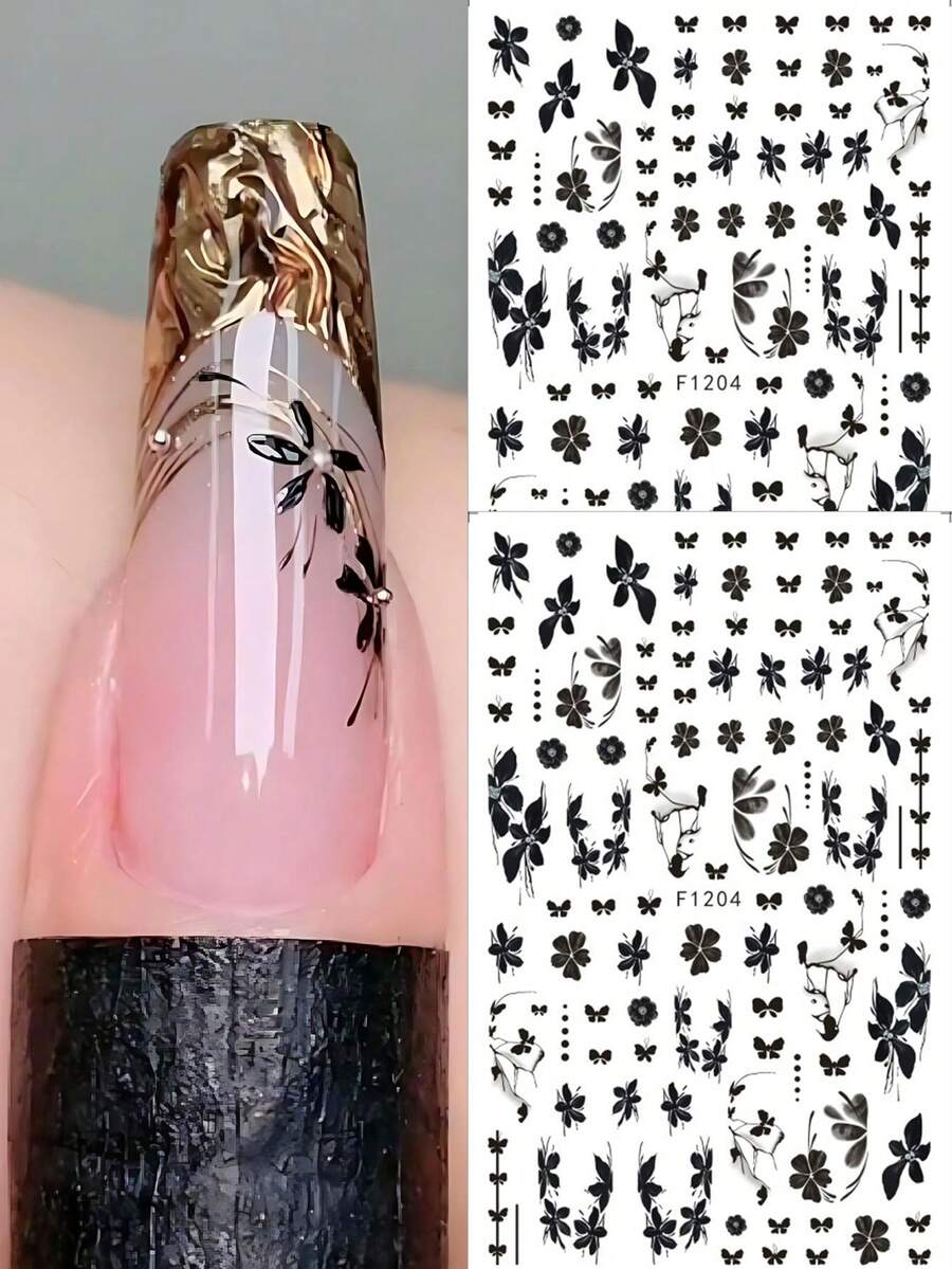 2片渐变黑色花朵蝴蝶美甲贴纸，晕染百合花优雅婚礼滑扣美甲饰品，美甲用品，美甲设计装饰配件，美甲贴纸 - 黑色 - 查看 1