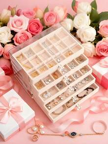 5/3层透明亚克力首饰收纳盒，带天鹅绒抽屉 - 可堆叠收纳盒，适用于戒指、耳环、项链和手镯 - 彩色 - 查看 6