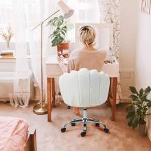Silla de Oficina en Casa Tapizada Silla de Pétalo de Tocador con Ruedas Silla de Escritorio Giratoria de Terciopelo Cómoda con Base de Metal Asiento de Acento Moderno para Sala de Estudio - Blanco - Ver 8