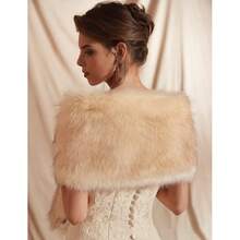 1pc Women's Long Champagne Faux Fur Bridal Shawl, Winter Coat - Champagne - View 5