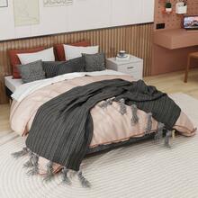 Modern Minimalist Bed Frame, 160*200CM, Grey, In Dutch Velvet, Low Slatted Base, Modern Style Bedroom Furniture, Without Gas Spring, Without Headboard Or Mattress. - Gray + Fabric + Metal + Memory Foam - View 8