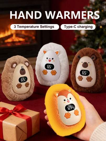 冬季可爱毛绒暖手宝，USB充电式电暖手宝，3档温度设置，数字显示，便携可重复使用，圣诞礼物，男女通用，户外、露营、办公室及寒冷天气的理想之选