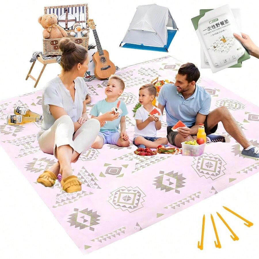 200 * 200CM Desechables Manta para Picnic 2 Bolsas Impermeable Tapete para Playa Embalaje Independiente Portátil con 4 Clavos Resistentes al Viento Adecuado para Playas Césped y Camping - como en la foto - Ver 1