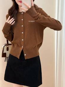 Alicedudu 女士春季高档纱线圆领针织开衫，优雅款式 - 棕黃 - 查看 6