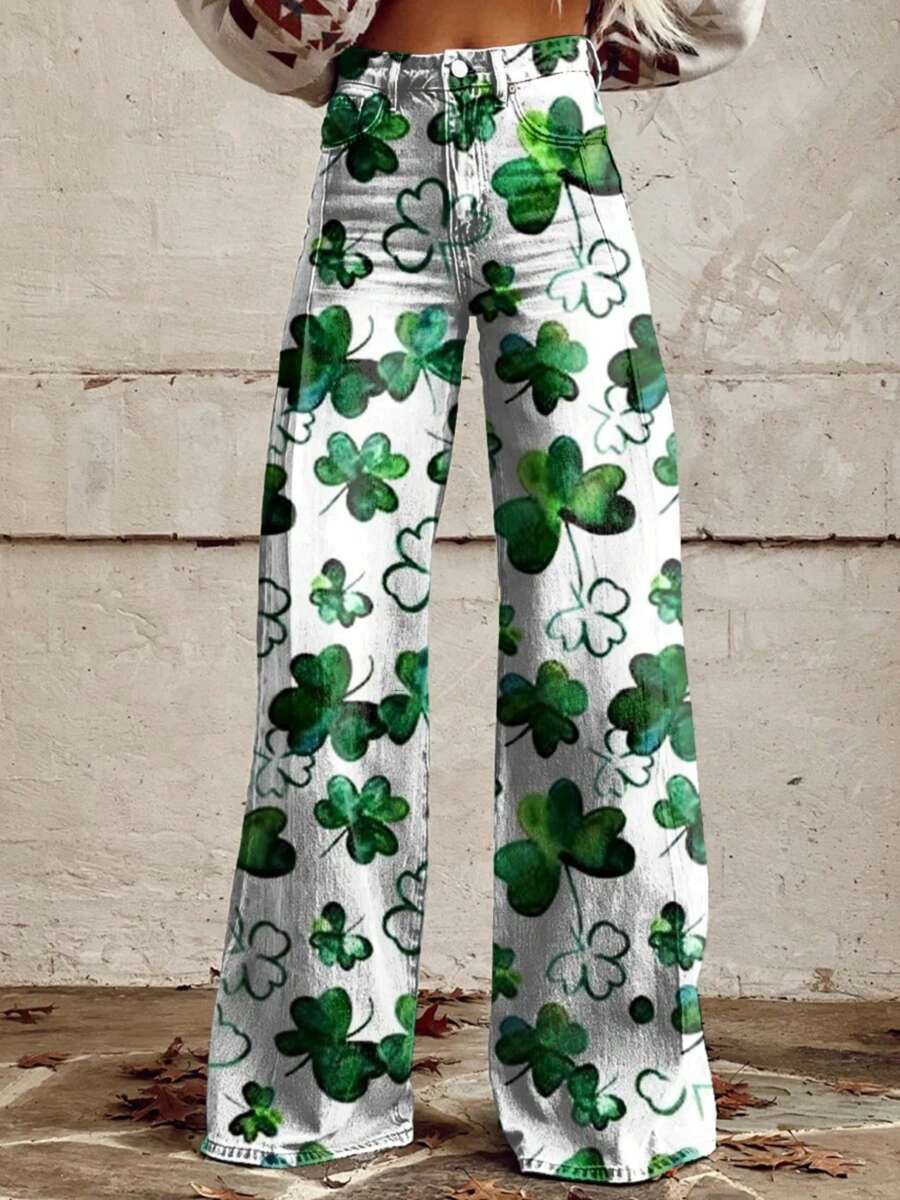 [Faux Denim Print/Imitation Faux Denim] Women'S White Wide-Leg Imitation Faux Denim With Green Clover Print - Non-Stretch Casual To Semi-Formal Trousers, All-Season Comfort, Charm Design For Everyday & St. Patrick'S Day Outfits - 黑色 - 查看 1