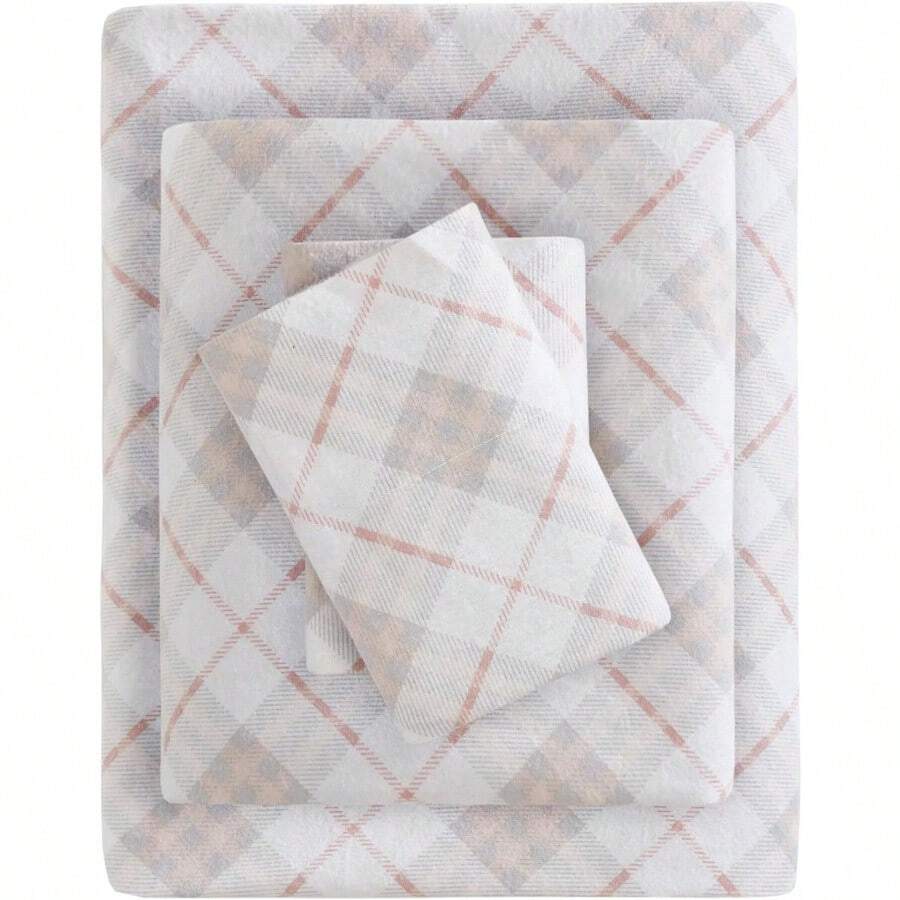 510 Design Cozy Flannel 100% Cotton Cute Warm Ultra Soft Cold Weather Sheet Set Bedding Queen Size Pink Plaid - Cuadros rosas - Ver 1