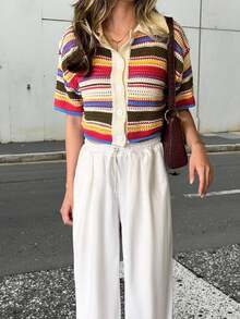 Spring/Summer Women's Casual Elegant Fashion Knit Cardigan With Color-Block Rainbow Stripes, Lapel Collar, And Button Design - Multicolor - View 2