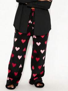 Womens Fleece Pajama Pants Heart Print Wide Leg Loose Fit Trousers Valentine's Day Sleepwear PJs For Women - 彩色 - 查看 2