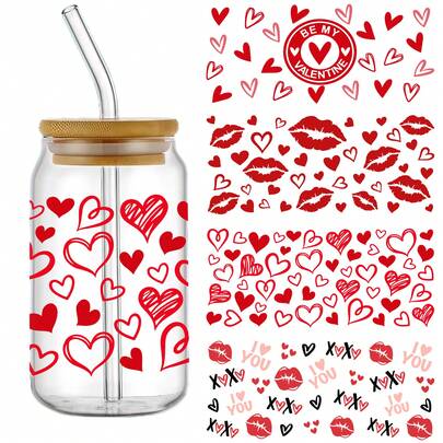 Juego de 4 envolturas autoadhesivas de plástico con forma de corazón para el Día de San Valentín, hechas de papel de transferencia de cristal 3D resistente al agua y a los arañazos, de alta calidad, para vasos y botellas
