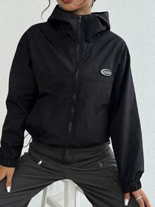 女士黑色夹克外套，带拉链和连帽设计，内衬，纯色简约风格，适合日常、户外、运动穿着，时尚百搭。 - 黑色 - 查看 2