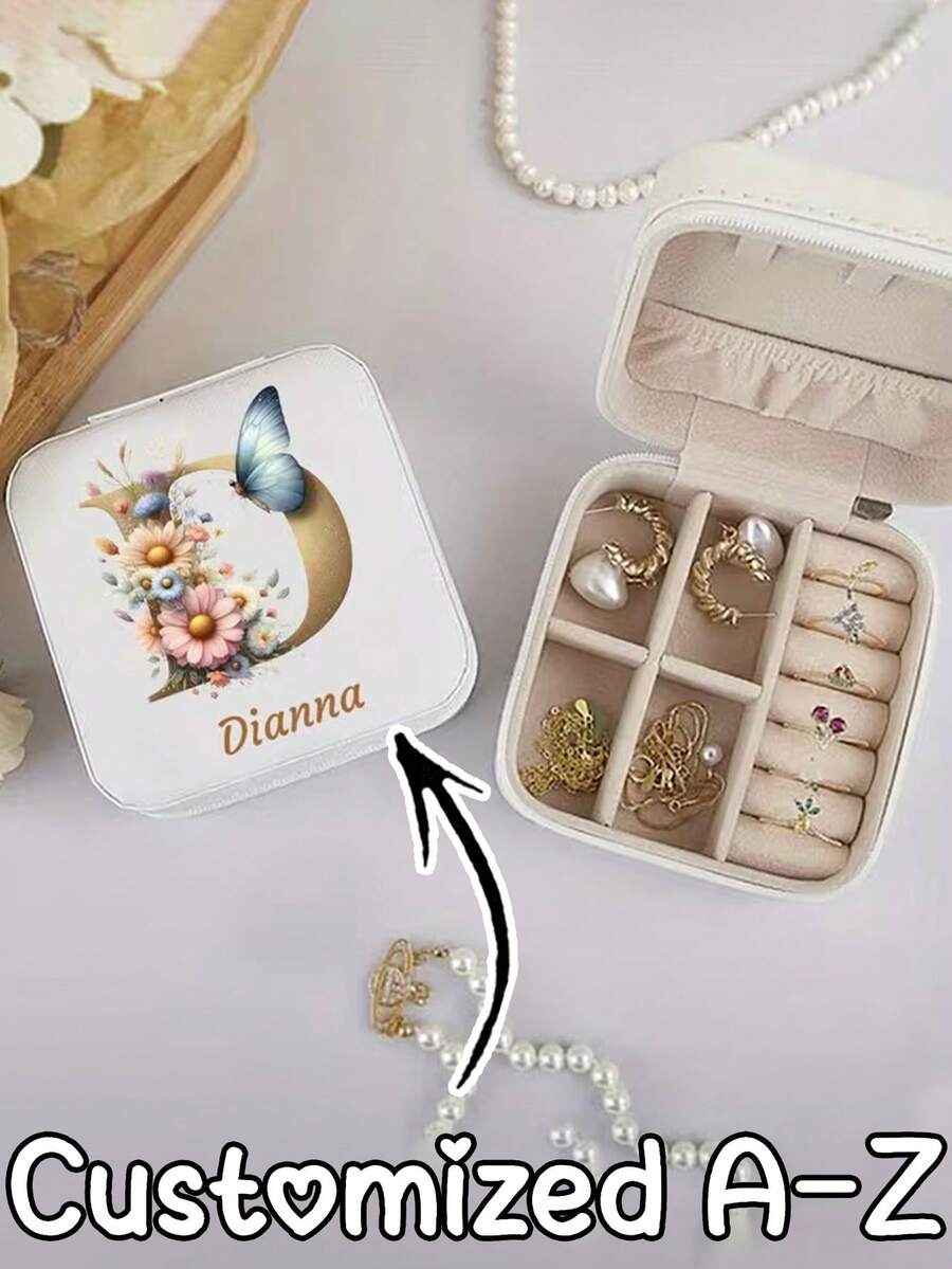 Personalisierte Blumen-Initialen-Schmuckbox - Individueller Name "A" mit Schmetterling- und Blumenmuster, Kunstleder-Reißverschluss-Aufbewahrung für Ringe und Halsketten, perfektes Geschenk für Mädchen, Freundinnen und Mütter (Valentinstag, Geburtstag, Neujahr), Schmuckgeschenkbox