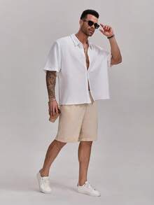 1pc Men's White Textured Plaid Collar Single-Breasted Short Sleeve Shirt, Stylish & Versatile Men's Polo Shirt For Casual, Work, Holiday Parties, Elegant Gift For Father, Boyfriend, Dad, Friend - White - View 8