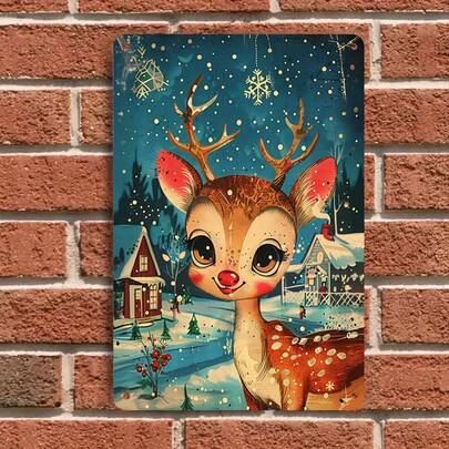 1pc Christmas Cartoon Deer Metal Wall Decor, Winter Snowy Cottage Children's Room Wall Hanging, Vintage Distressed Craft Christmas Holiday Home Decor Gift
