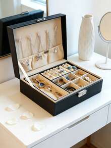 1个双层大容量首饰盒，PU皮革首饰展示盒，豪华带锁首饰收纳盒，家居首饰整理配件，适用于项链、耳环、戒指、手镯，节日礼物，返校礼物，大容量首饰收纳盒，双层带锁首饰盒，PU皮革防水耳环戒指首饰收纳盒