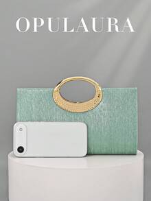 Túi xách cầm tay dự tiệc OpulAura dành cho nữ, đính đá pha lê lấp lánh, màu xanh bạc hà thanh lịch với họa tiết sọc và dây đeo vai bằng kim loại, túi dự tiệc sang trọng, lấp lánh hoàn hảo cho phụ nữ, cô dâu, trang phục năm mới và các sự kiện trang trọng. - Màu xanh Bạc hà - Xem 6