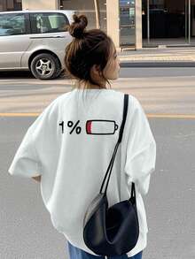 日系女式圆领宽松百搭电池印花短袖T恤，春夏款 - 白色 - 查看 4