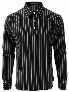 男士休闲时尚条纹针织柔软弹力面料长袖衬衫，适合休闲外出、通勤等场合，百搭必备单品。 - 黑色 - 查看 3
