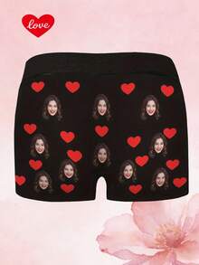 Men's Customized Face & Red Heart Pattern Black Elastic Fabric Soft Romantic Novelty Briefs, Valentine's Day/Anniversary Gift - Multicolor - View 4