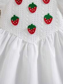 Vestido de niña de longitud hasta la rodilla, de unicolor, con mangas de princesa y dobladillo acampanado, con decoración de frutas en 3D, adecuado para primavera/verano - Blanco - Ver 8