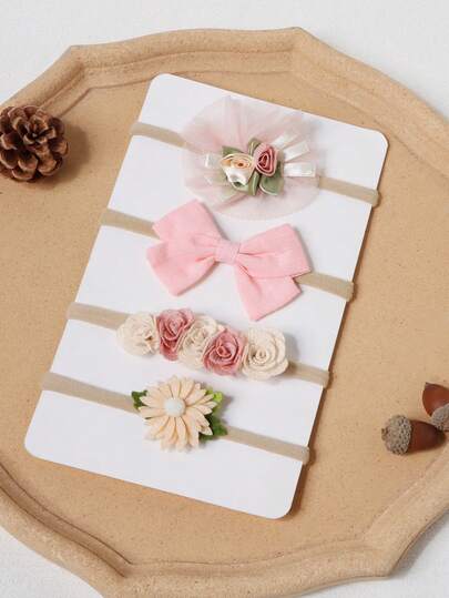4pcs Cute Floral, Heart, Bow Headbands For Baby Girls & Toddlers, Pink Heart Decor Nylon Seamless Thin Hair Bands, Photography Accessories, Suitable For Daily Wear, Holidays, Parties