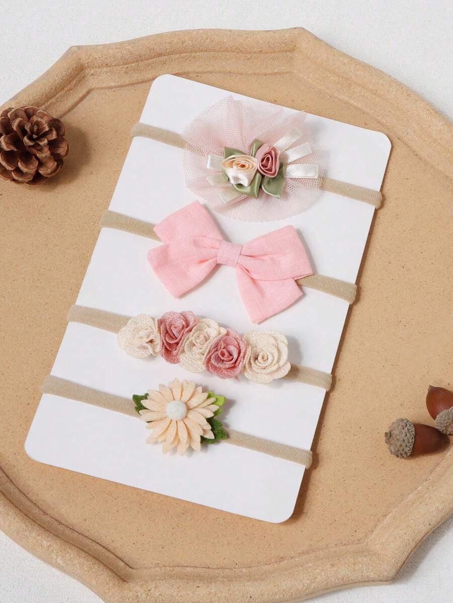 4条可爱花朵、爱心、蝴蝶结发带，适合女婴和幼儿，粉色爱心装饰尼龙无缝细发带，摄影配饰，适合日常佩戴、节日、派对 - 彩色 - 查看 1