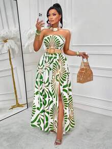 Vestido largo sin tirantes sexy y elegante con patrones florales aleatorios para mujer - Verde - Ver 7