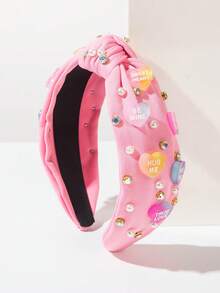 1pc Solid Color Fabric Korean Style Sweet Valentine's Day Headband, Versatile Minimalist Pearl Rhinestone Heart Letter Decor Hair Accessory, Creative Personalized Valentine's Day Holiday Essential, Hair Band, Hair Hoop - Pink - View 2