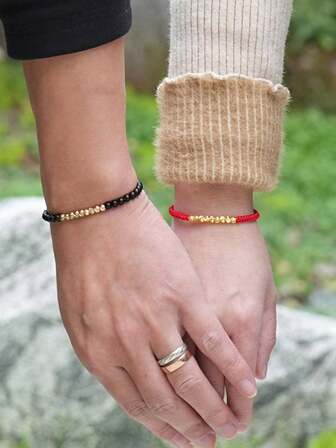 2 pièces/set Bracelet en perles de pierre tressées à la main 4 mm Bracelet à cordon rouge mode pour hommes femmes amoureux Cadeau de la Saint-Valentin