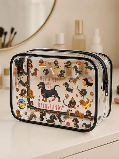 Women's & Girls' Dachshund-Themed Cosmetic & Toiletry Organizer - Cute Dachshund Face & Paw Print Design With Zipper Closure, Transparent Makeup Case, Lightweight Travel-Friendly Gift For Dog Lovers (Brown/Black/Beige) - Ideal Birthday/Christmas Present For Dachshund Owners, Wet Wipe Clean, Portable & Stylish Makeup Bag With Dachshund Patterns, Perfect For Travel Or Daily Use